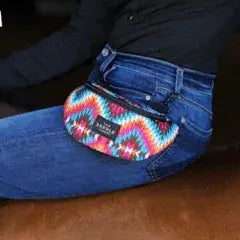 Vibrant multicolored zigzag Dakota Saddle Sack fanny pack with black zipper