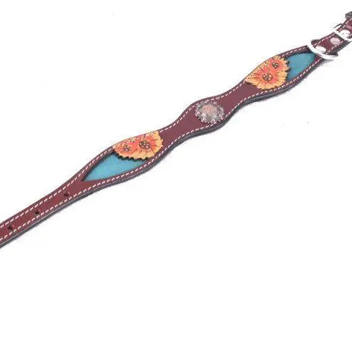 Hand Painted Sunflowers leather dog collar with copper buckle. Dog