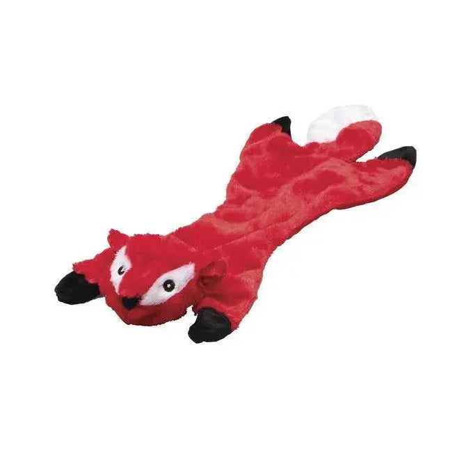 Red plush fox dog toy with black paws, white accents, squeaker, stuffing free