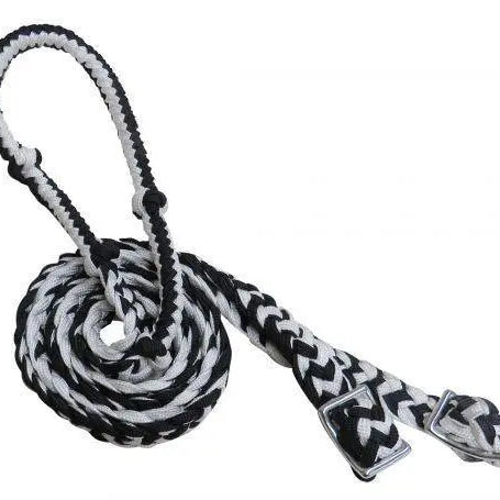 Braided Nylon Barrel Reins with Easy Grip Knots Black White Horse
