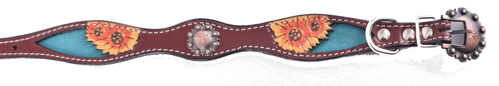 Hand Painted Sunflowers  leather dog collar with copper buckle. - KP Pet Supply