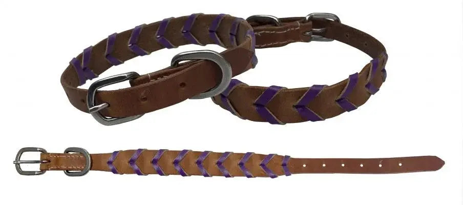 Brown and purple braided genuine leather dog collar with silver buckle