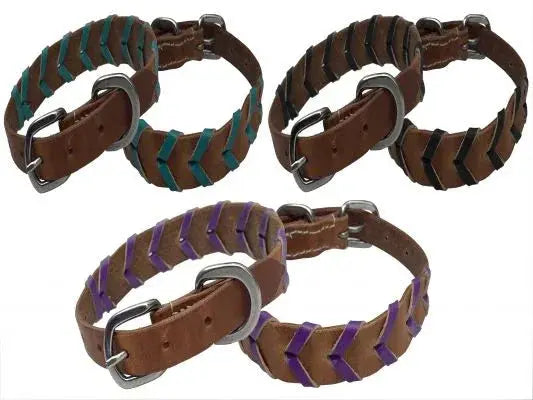 Genuine brown leather dog collar with teal, black, purple braided accents