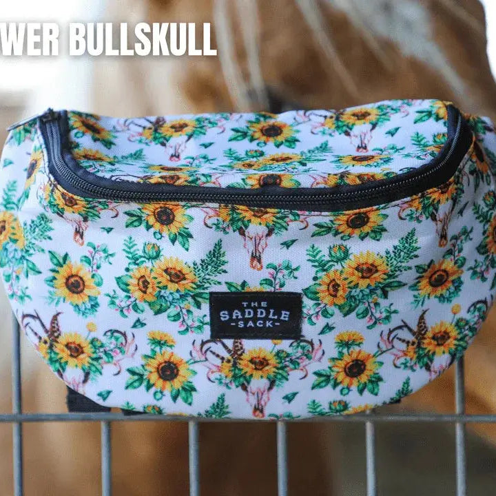 Saddle Sack XL white fanny pack with sunflower pattern