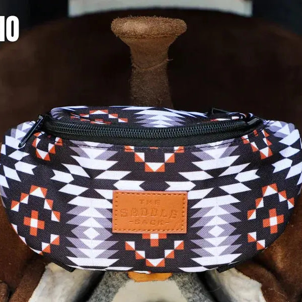 The Saddle Sack Del Rio bag in black white orange geometric pattern