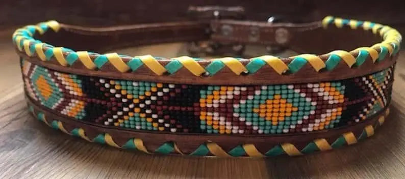 Genuine leather dog collar with Navajo beaded inlay in teal, yellow, burgundy