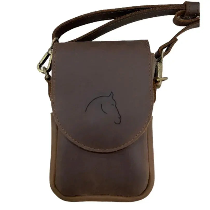 Brown leather Horse Holster crossbody pouch with horse head engraving
