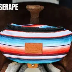 Teal Saddle Sack serape waist pack with red orange white stripes