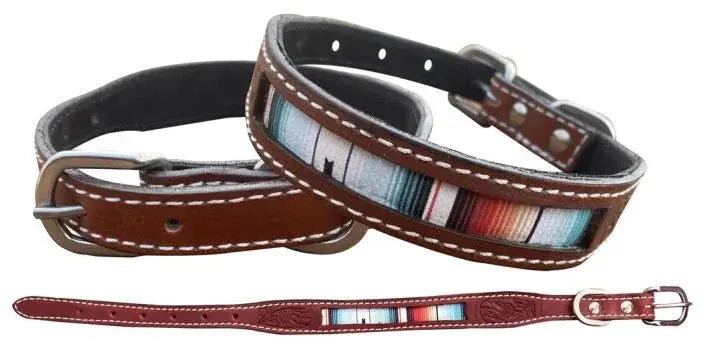 Teal Serape Southwest printed brown leather dog collar with striped inlay