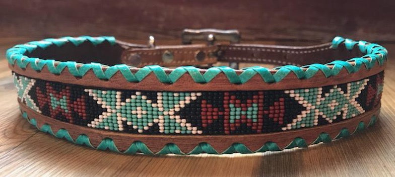 Leather Dog Collar- Navajo Red- Beaded Dog Collar - Ranch Hand Store