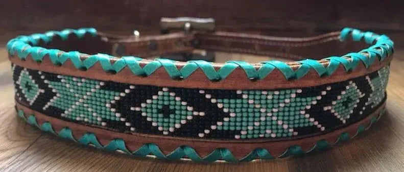 Genuine leather dog collar with turquoise black Navajo beaded inlay and rawhide edge