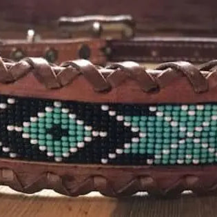 Genuine leather dog collar with teal, white, and black southwest beaded inlay design, a leather wrapped edge Dog