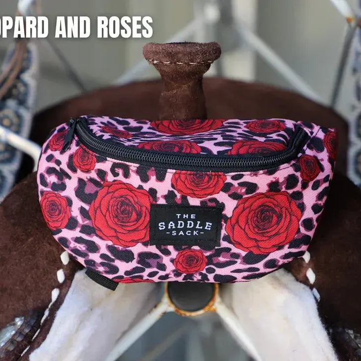 Pink leopard and roses Saddle Sack with red rose designs and black zipper