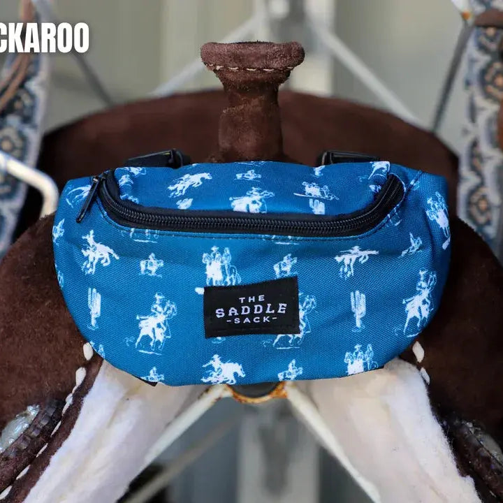 Teal buckaroo Saddle Sack with white cowboy cactus print