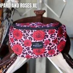 Pink leopard and roses XL saddlebag with bold floral pattern on animal print
