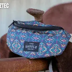 Gray Aztec Saddle Sack with blue purple geometric pattern
