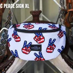 Saddle Sack XL white fanny pack with red white blue peace signs