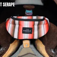 Vibrant orange white striped Saddle Sack saddlebag with Saddle Saddle label