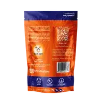 Back of Beef Chews Beef Larynx 6 oz bag orange blue resealable pet food with QR code barcode logo