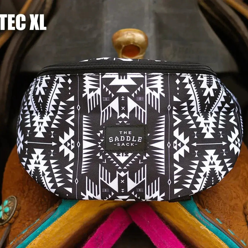 Black and white Aztec-patterned Saddle Sack XL from Saddle Sack brand