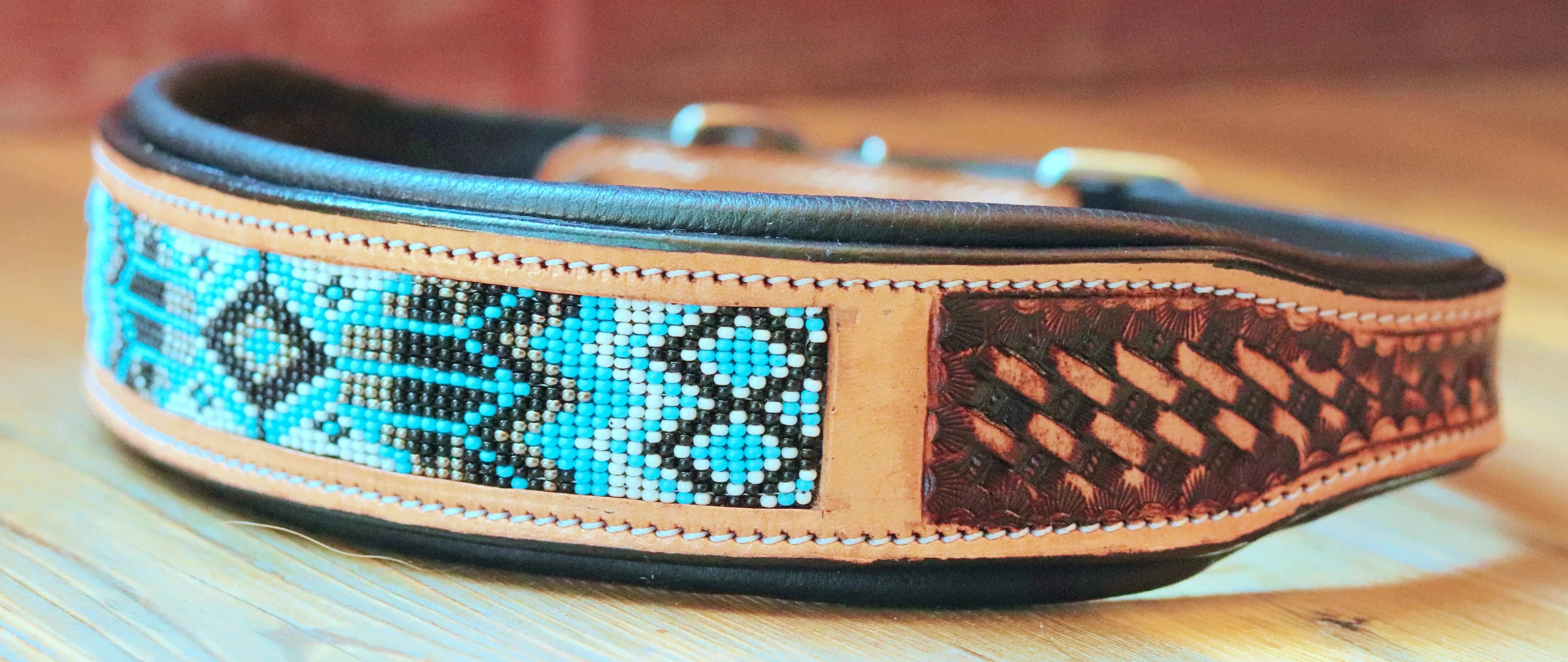Handcrafted Padded Leather Tooled Dog Collar with Blue, White and Black Beading Dog