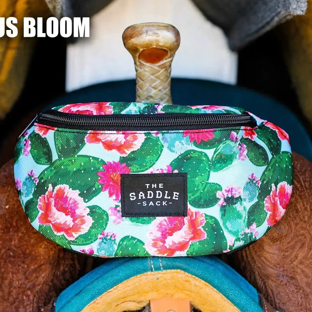 Vibrant Saddle Sack cactus fanny pack with green cacti and pink flowers