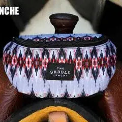 The Saddle Sack bag with white red blue geometric pattern black trim