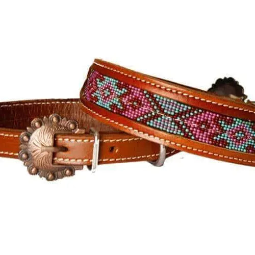 Leather Dog Collar Beaded Inlay Red,Pink & Mint Dog
