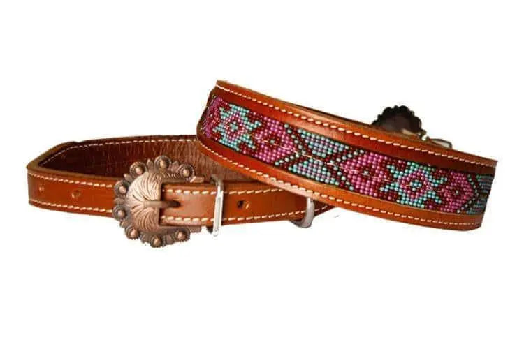 Leather Dog Collar Beaded Inlay Red,Pink & Mint Dog