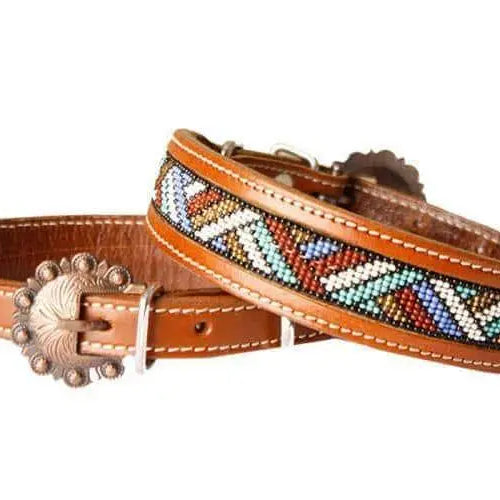 Leather Dog Collar Beaded Inlay Red, White, Periwinkle, Mint, & Gold Dog