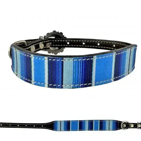 Dark oil leather dog collar with blue southwest nylon overlay and copper hardware. Dog