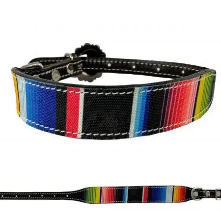 Dark oil leather dog collar with Serape southwest nylon overlay and copper hardware. Dog