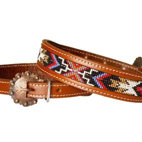 Genuine leather dog collar with red, black, periwinkle, white, and gold southwest beaded inlay design Dog