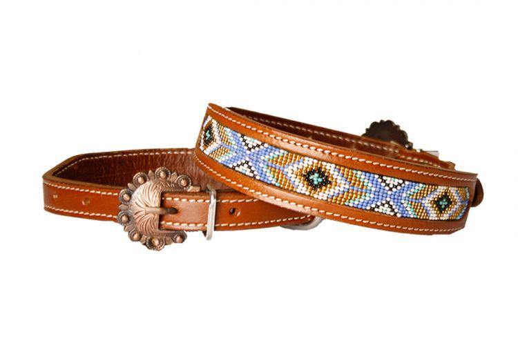 1" Leather Dog Collar with periwinkle, mint, white, and gold beaded inlay design - KP Pet Supply