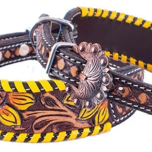Leather Dog Collar Sunflower tooled leather dog collar with yellow laced trim Dog