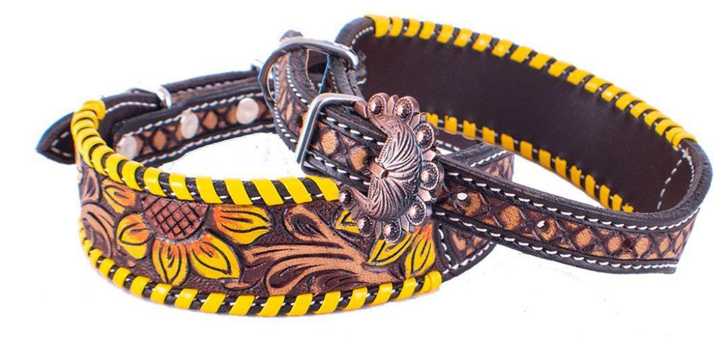 1" Leather Dog Collar Sunflower tooled leather dog collar with yellow leather laced trim - KP Pet Supply