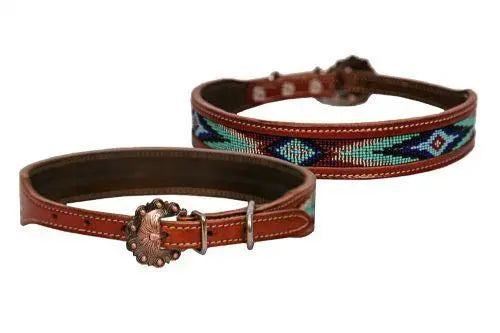 Genuine leather dog collar with turquoise, blue beaded inlay design