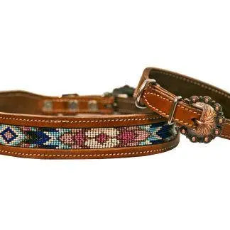 Leather dog collar features a medium leather with turquoise, pink and purple beaded inlay Dog