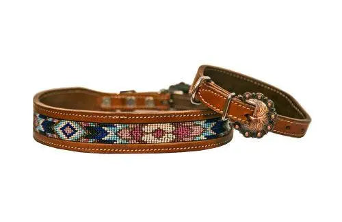 Leather dog collar features a medium leather with turquoise, pink and purple beaded inlay Dog