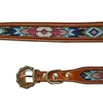 Leather dog collar features a medium leather with turquoise, pink and purple beaded inlay Dog