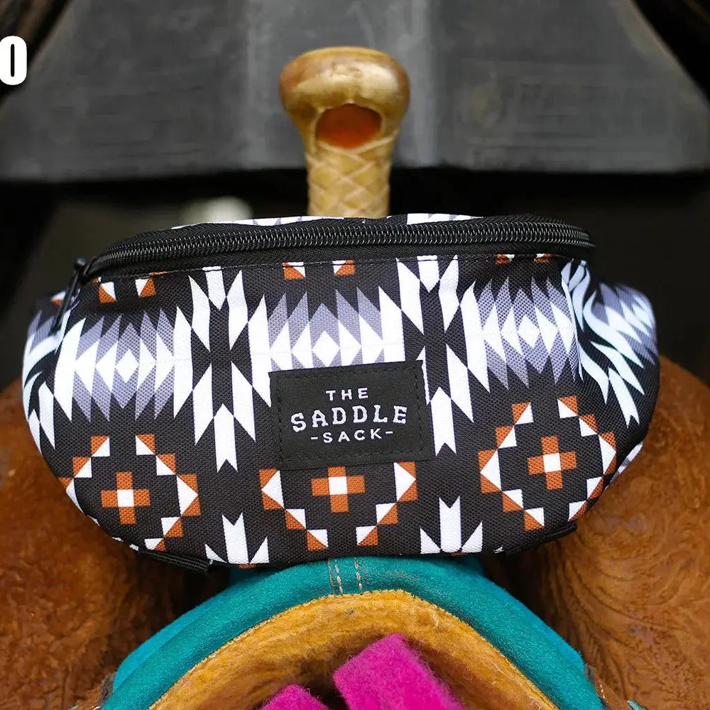 The Saddle Sack black white orange geometric saddle bag with zipper