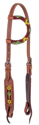 Beaded one ear harness leather headstall with beaded sunflower and cactus inlay. Horse
