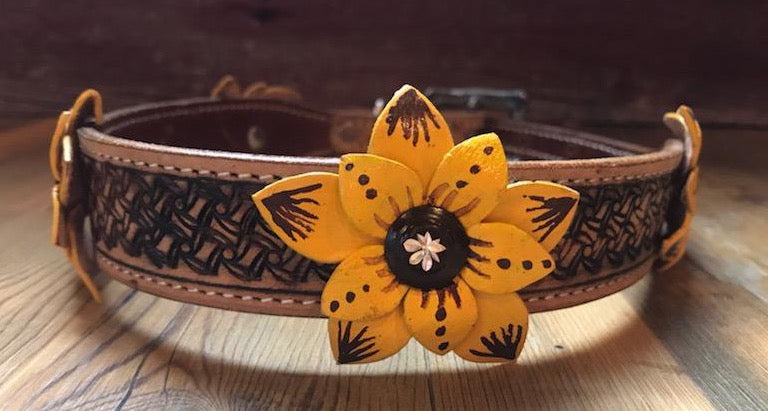 Genuine leather dog collar with painted Yellow 3D flower accent