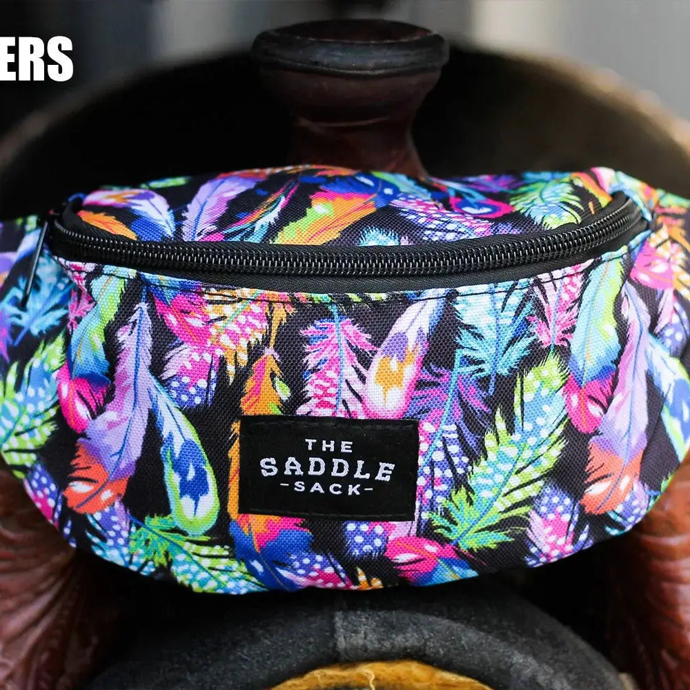 Vibrant multicolored feather fanny pack The Saddle Sack with black zipper