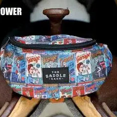 Colorful comic-book The Saddle Sack bag with black zipper label