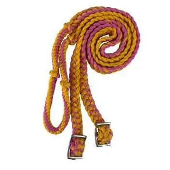 Pink & Yellow braided nylon barrel reins with easy grip knots. Horse