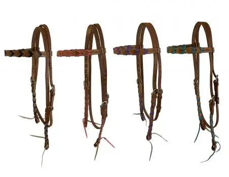 Argentina cow leather brow band headstall with colored lacing, with quick tie ends. Horse