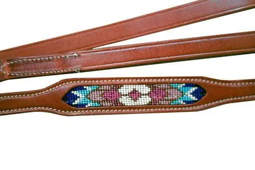 Leather Dog Leash turquoise, pink and purple beaded inlay design Dog