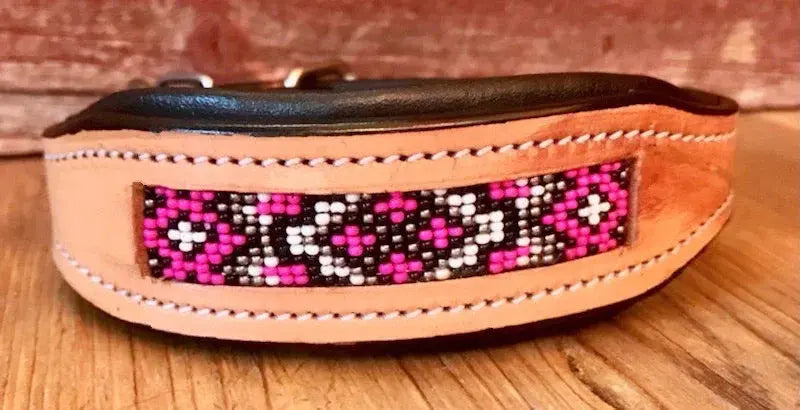 Handcrafted Padded Leather Tooled Dog Collar with Pink and Black Beading Small Dog