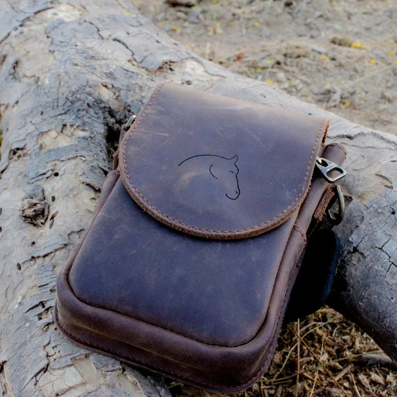 Dark brown leather Horse Holster pouch with embossed horse flap